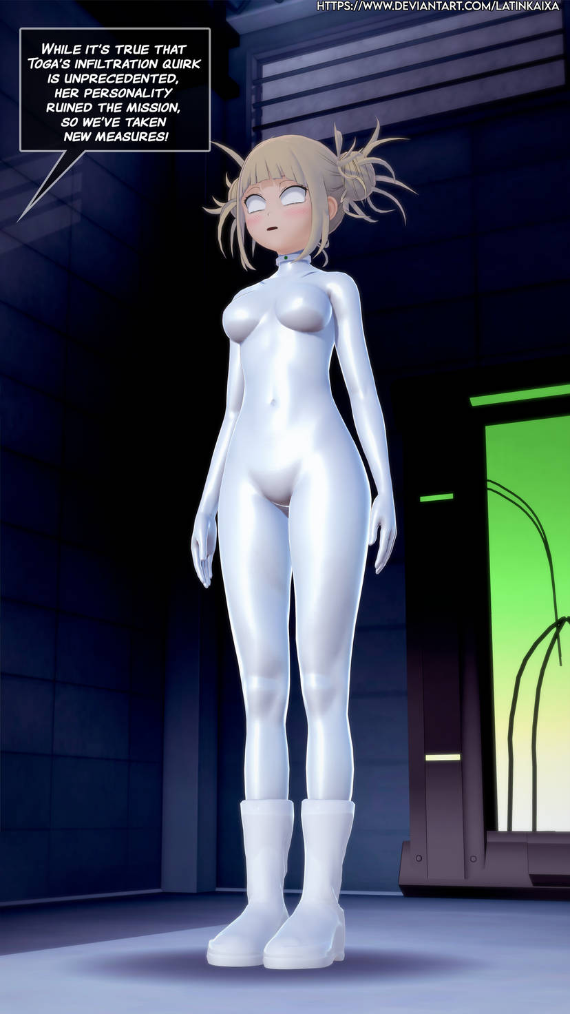 3d bangs blonde_hair blush bodysuit boots clothed_exposure collar dronification english_text expressionless female_only femsub hair_buns himiko_toga latex latinkaixa my_hero_academia navel open_mouth speech_bubble standing text whitewash_eyes