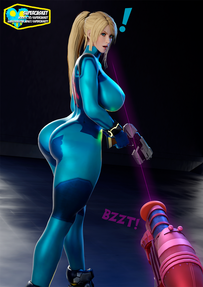 3d ass aura blonde_hair blue_eyes breasts english_text glowing gun large_ass large_breasts latex long_hair looking_at_viewer metroid_(series) nintendo ponytail pov pov_dom raygun samus_aran sequence standing supercasket surprised tagme tech_control text watermark zero_suit