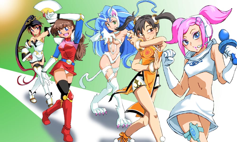 arm_warmers arms_above_head aware bandai_namco bare_legs bare_shoulders black_hair blue_eyes blue_hair blush body_control boots bracelet breasts brown_eyes brown_hair capcom cat_ears cat_girl cat_tail china_dress claws cleavage control_indicator crossed_legs crossover dancing darkstalkers fangs felicia_(darkstalkers) female_only femdom femsub fingerless_gloves gloves glowing green_eyes gun hand_on_hip happy_trance harem headphones high_heels jewelry kaguya_nanbu large_breasts legs ling_xiaoyu long_hair looking_at_viewer microphone midriff momo_kanda multicolored_hair multiple_girls multiple_subs namco namco_x_capcom navel onnaski open_mouth orb panties pink_hair project_x_zone purple_eyes red_hair short_hair skirt smile space_channel_5 super_robot_wars super_robot_wars_og_saga_mugen_no_frontier tail tekken thighhighs thighs twintails ulala weapon wonder_momo