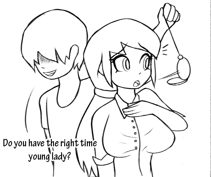 femsub harvestman_here kate_(harvestman_here) large_breasts long_hair maledom monochrome original pendulum pocket_watch simple_background surprised