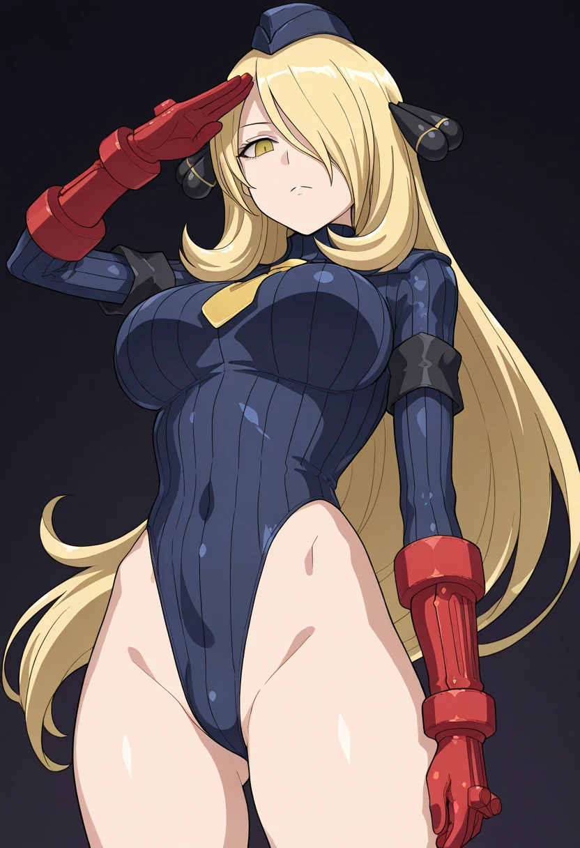 ai_art amadeus_(generator) arm_bands black_background blonde_hair breasts capcom cosplay cynthia expressionless female_only femsub gloves hair_covering_one_eye hair_ornament hat leotard long_hair looking_at_viewer nintendo pokemon pokemon_diamond_pearl_and_platinum saluting shadaloo_dolls shoulder_pads simple_background solo standing standing_at_attention tie very_long_hair wide_hips yellow_eyes