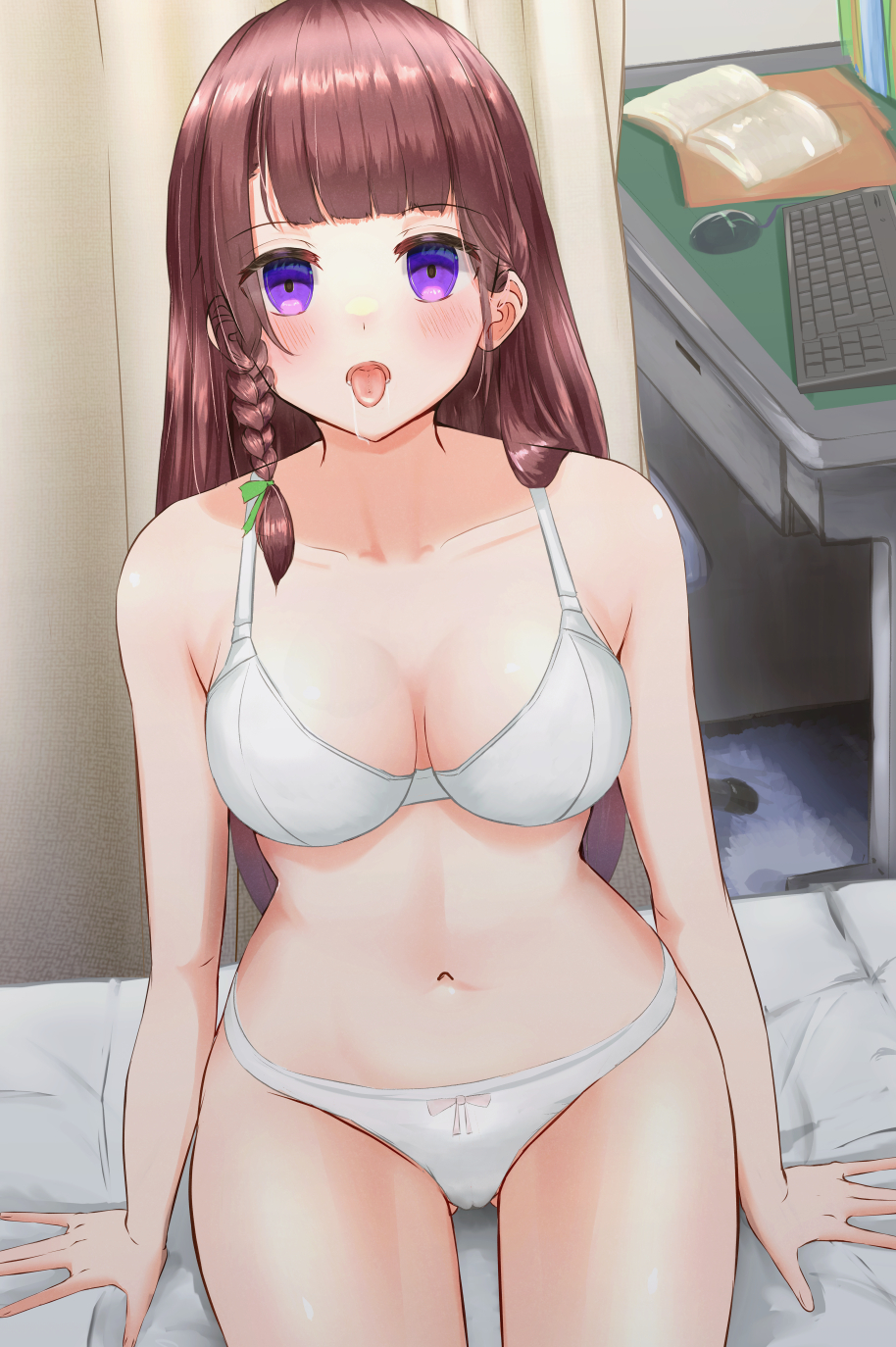 bra brown_hair cellophane_tape drool empty_eyes original panties purple_eyes skirt tongue tongue_out underwear