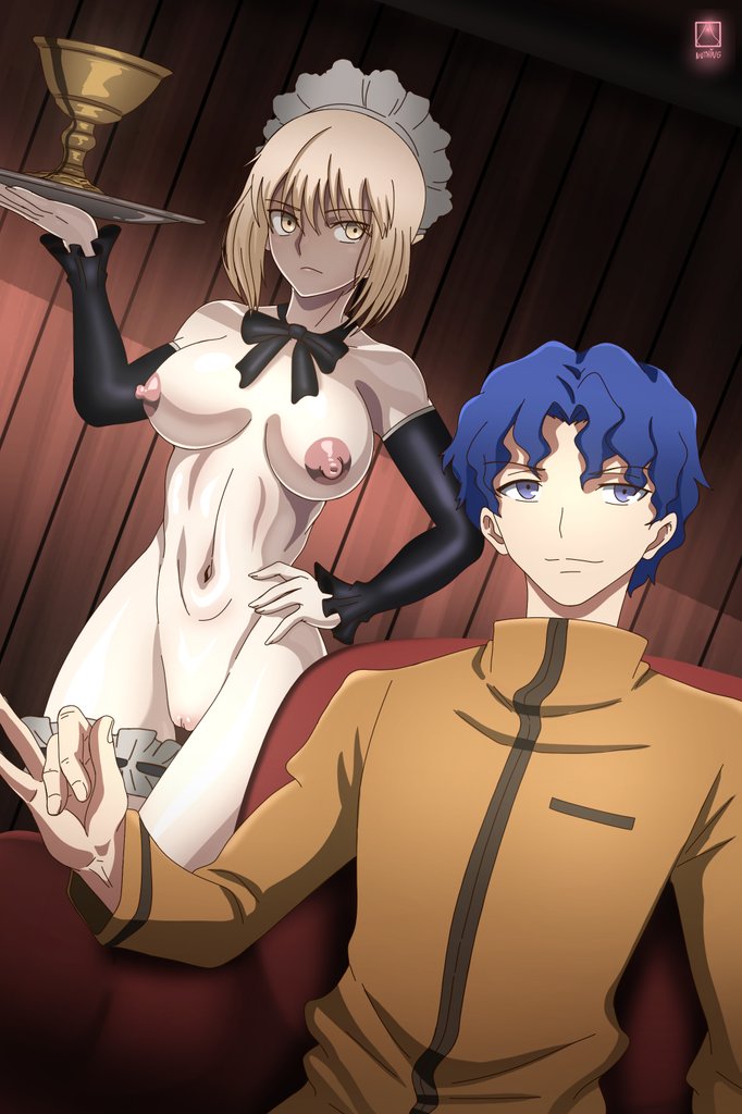 artoria_pendragon bad_end blonde_hair blue_eyes blue_hair braid breasts cheating couch fate/stay_night fate_(series) femsub garter maid maid_headdress maledom netorare new_epic_artist nipples nude opera_gloves pale_skin pussy saber_alter shinji_matou tagme waitress yellow_eyes