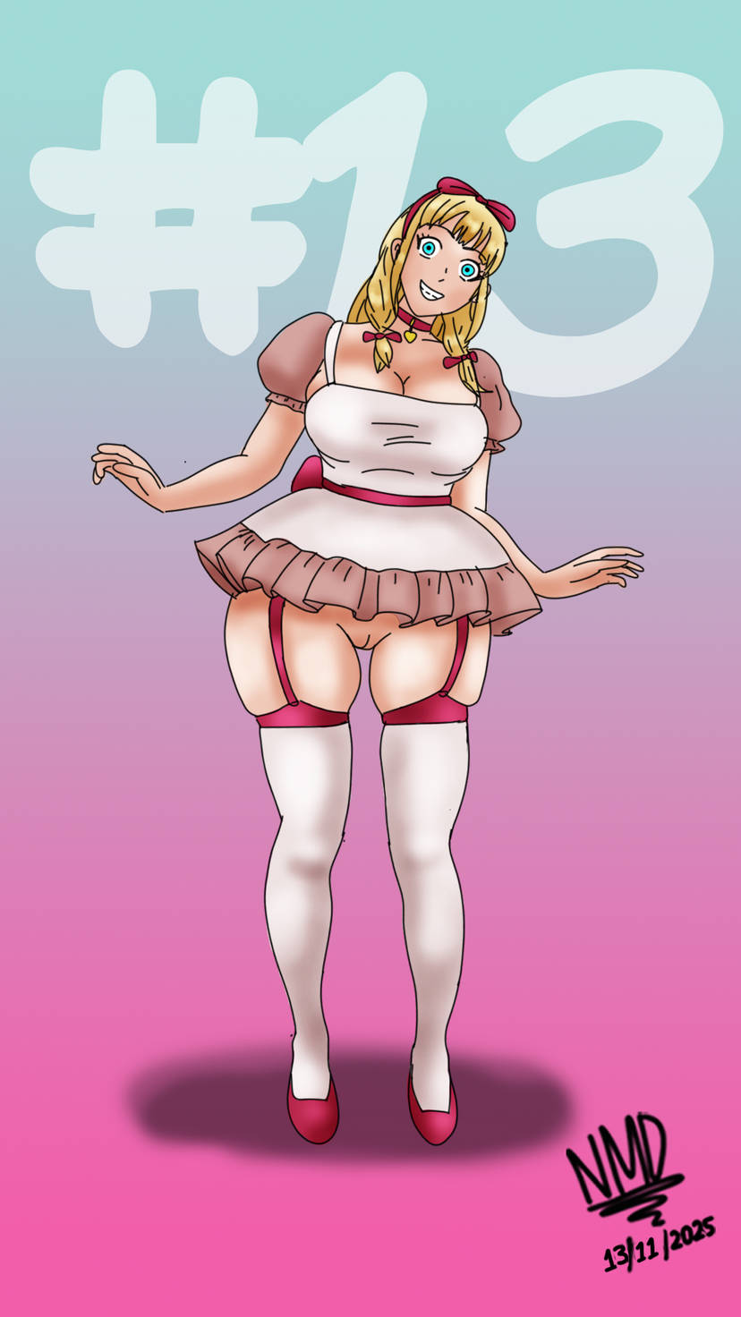 bangs blonde_hair blue_eyes cleavage clothed_exposure doll dollification dress female_only femsub garter_straps happy_trance hypnovember nominddetected pussy ribbon sideboob smile thick_thighs thighhighs