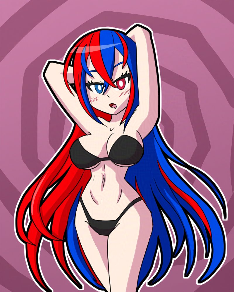 alear_(fire_emblem) alternate_costume arms_above_head bare_legs bare_shoulders bikini bikini_bottom bikini_top blue_eyes blue_hair blush breasts cleavage drool femsub fire_emblem fire_emblem_engage heterochromia legs long_hair looking_at_viewer multicolored_hair mythkaz nintendo open_mouth red_eyes red_hair spiral spiral_background spiral_eyes symbol_in_eyes