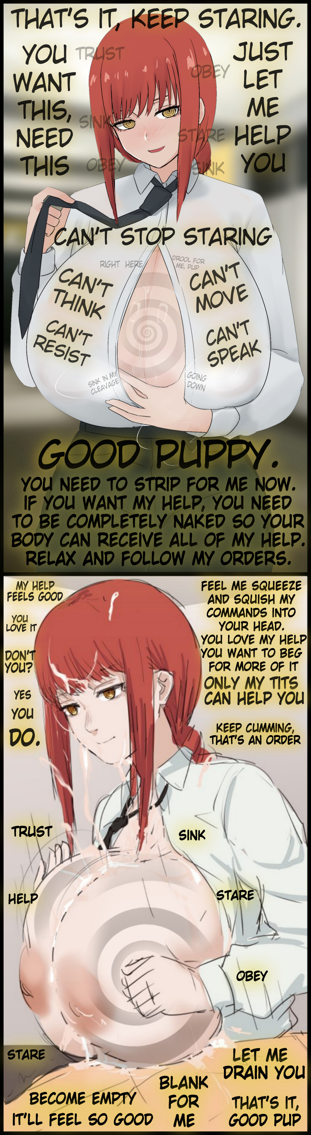absurdres bare_breasts blush button_gap caption chainsaw_man cleavage cum cum_on_body cum_on_breasts cum_on_face cum_on_hair femdom holding_breasts huge_breasts hypnotic_breasts long_hair looking_at_viewer makima_(chainsaw_man) male_pov malesub manip nao_(ritsancrossover) orgasm orgasm_command paizuri ponytail pov_sub red_hair shirt smile spiral text tie yellow_eyes ympulse_(manipper)