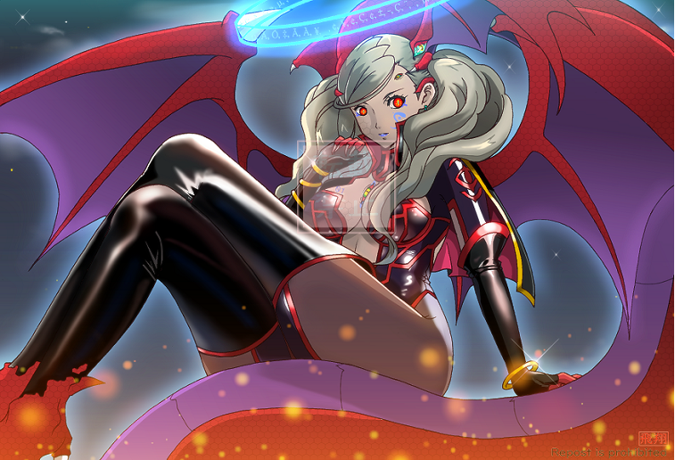 alternate_costume alternate_form ann_takamaki aura blonde_hair claws corruption crossed_legs demon_girl facial_markings femsub fusion glowing halo hisho large_breasts lipstick long_hair makeup persona_(series) persona_5 possession red_eyes samael_(shin_megami_tensei) shin_megami_tensei sitting slit_pupils speech_bubble tail thick_thighs thighhighs thighs twintails watermark wings