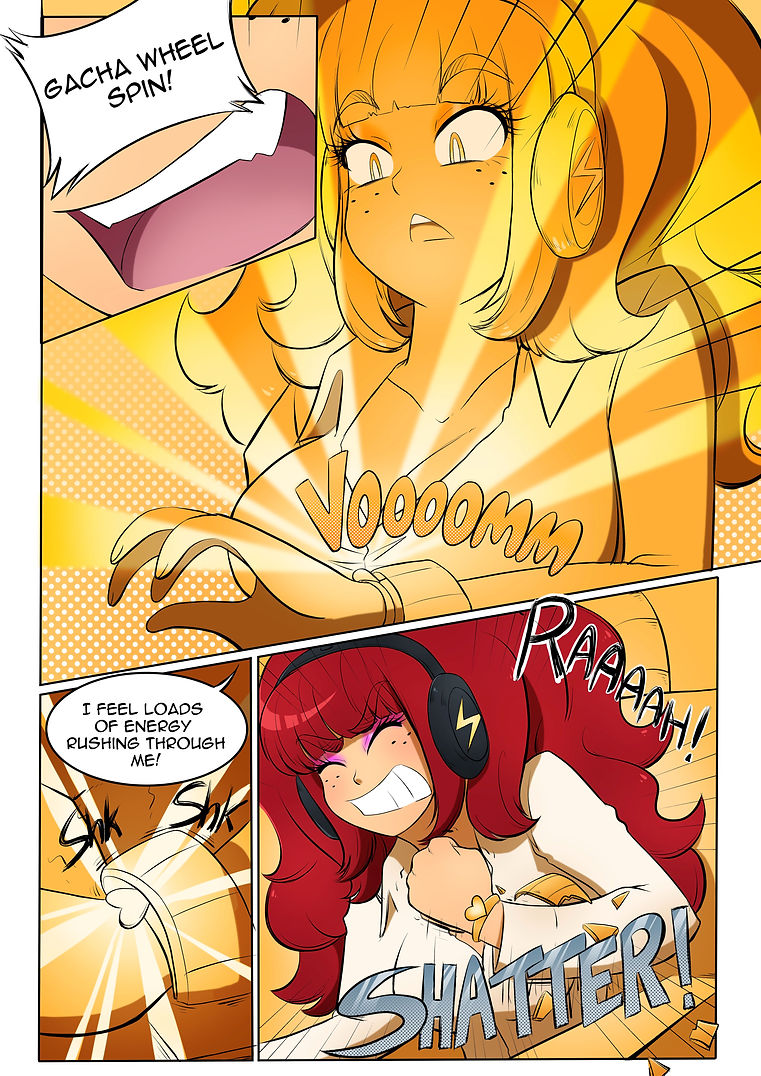 bouffant bracelet bree_(gacha_gotcha) cleavage comic dialogue eyeshadow gacha_gotcha glowing headphones kobi94 large_breasts long_hair original red_hair restrained shirt