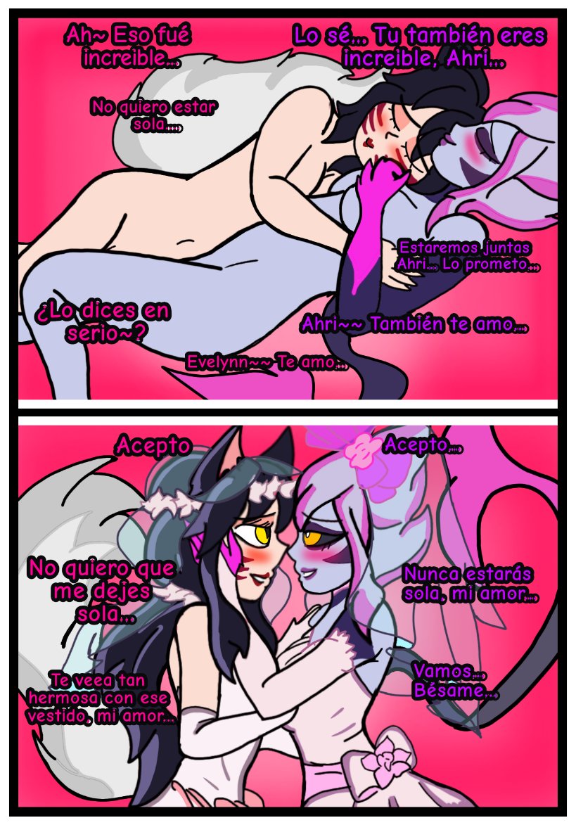 ahri_(league_of_legends) alternate_costume bare_breasts bare_legs bare_shoulders black_hair blush breasts charm_(spell) closed_eyes comic demon_girl dress evelynn_(league_of_legends) femsub hand_on_another&#039;s_cheek hand_on_head happy_trance heart hypnotic_magic kitsune_girl league_of_legends legs lying magic multiple_tails nipples nude open_mouth purple_hair pussy pussy_juice spanish_text sub_on_sub symbol tail text translation_request wedding_dress wolfbiofox yuri