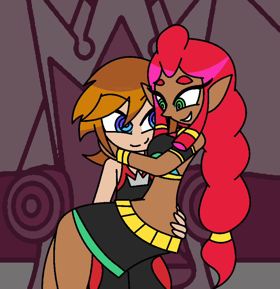 aged_up bare_shoulders belt blue_eyes bracelet braid breath_of_the_wild brown_hair consensual crossover dark_skin disney elf_ears eyebrows_visible_through_hair eyelashes femsub gerudo green_eyes happy_trance hug hypnoscream kingdom_hearts large_breasts long_hair love makeela_riju malesub midriff necklace nintendo red_hair ring_eyes shiny_hair short_hair simple_background sitting sitting_on_lap skirt smile sora square_enix sub_on_sub tank_top tears_of_the_kingdom the_legend_of_zelda wide_hips