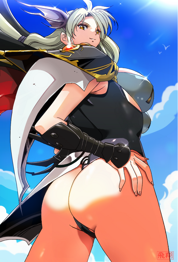 alternate_costume ass ass_focus bare_legs blonde_hair breasts cape corruption female_only femsub hand_on_hip happy_trance hisho lana_(langrisser) langrisser large_ass legs long_hair looking_at_viewer looking_back outdoors smile yellow_eyes