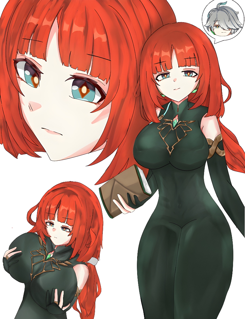 alhaitham_(genshin_impact) alternate_costume breast_fondling breasts clothed expressionless eye_color_change femsub genshin_impact grey_hair hair_covering_one_eye holding_breasts large_breasts long_hair looking_at_viewer maledom nilou_(genshin_impact) orange_eyes orange_hair possession short_hair simple_background speech_bubble white_background yang_yang