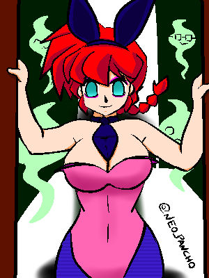 alternate_costume bare_shoulders blue_eyes bunny_ears bunny_girl character_request clothed corset empty_eyes eyeshadow femsub ghost makeup neopancho ponytail possession ranma_1/2 ranma_saotome red_hair tie