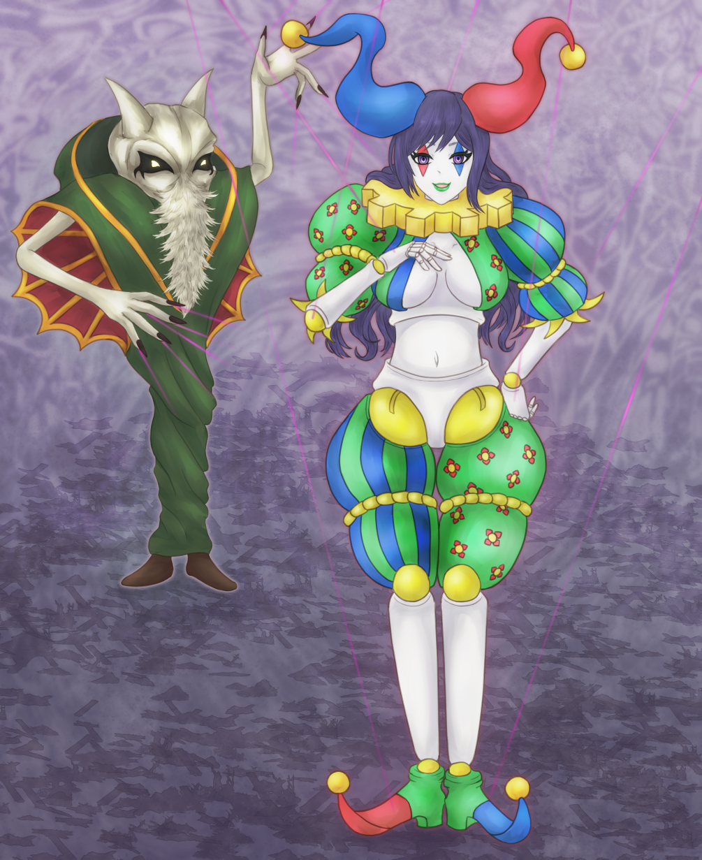 akuba alternate_costume alternate_form aura bare_legs beard body_control bokhohn bondage breasts choker cleavage cleavage_cutout control_indicator corruption evil_smile femsub glowing glowing_eyes grey_skin hand_on_hip happy_trance hat high_heels holding_breasts human_puppet hypnotic_magic jester lipstick long_hair looking_at_viewer magic makeup maledom midriff nail_polish navel puppet purple_eyes purple_hair restrained romancing_saga romancing_saga_2 smile sophia_(romancing_saga_2) square_enix standing standing_at_attention transformation white_hair yellow_eyes