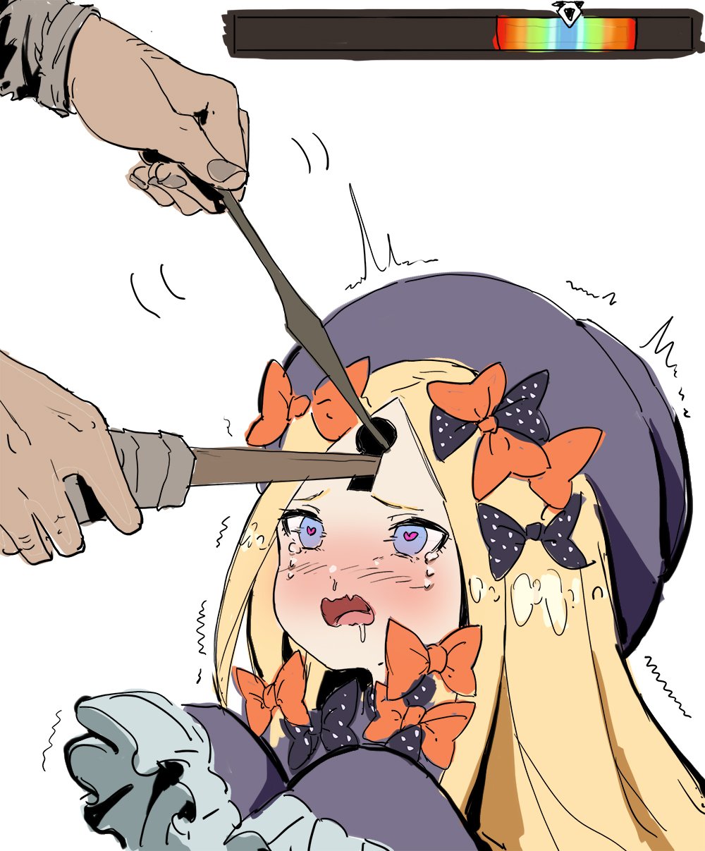 abigail_williams blonde_hair blush bow dress drool fate/grand_order fate_(series) femsub gameplay_mechanics hat heart heart_eyes humor long_hair open_mouth simple_background symbol_in_eyes tears the_elder_scrolls the_elder_scrolls_v tongue trembling waterkuma white_background