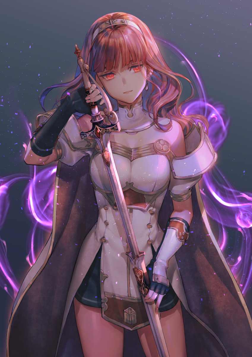 armor aura bare_shoulders cape celica_(fire_emblem) corruption dress dress_shirt earrings evil_smile female_only femsub fire_emblem fire_emblem_echoes fire_emblem_heroes fujikawa_akira gloves glowing_eyes hair_band jewelry long_hair looking_at_viewer nintendo opera_gloves orange_hair possession red_eyes short_skirt shorts smile sparkle sword thighs witch