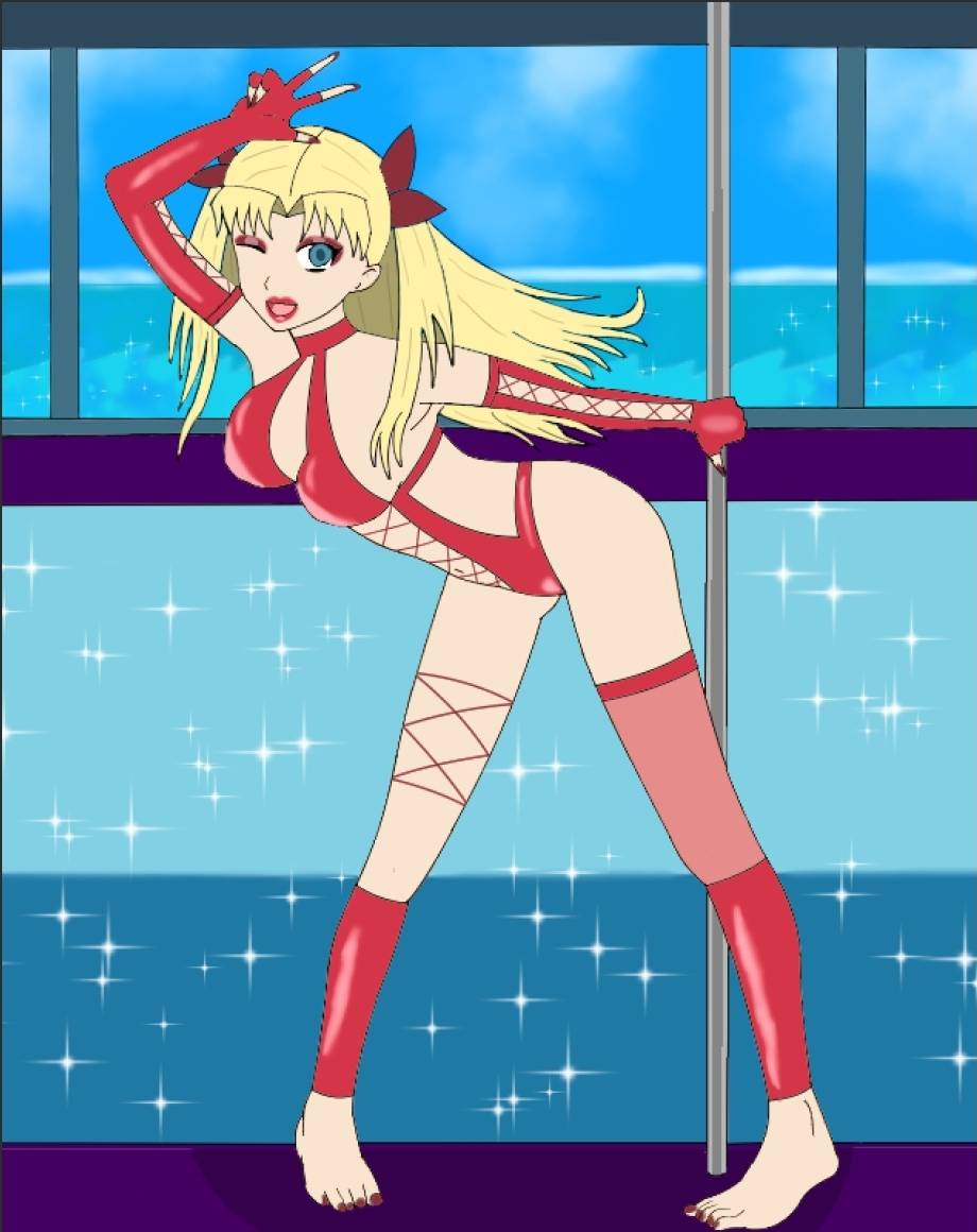 alternate_costume barefoot blonde_hair breasts dancing empty_eyes eyeshadow fate/kaleid_liner_prisma_illya fate/stay_night fate_(series) female_only femsub green_eyes hair_color_change happy_trance lipstick lunar-worx makeup nail_polish one_eye_open pole_dancing rin_tohsaka smile solo sparkle swimsuit thighhighs thighs toenail_polish twintails wink