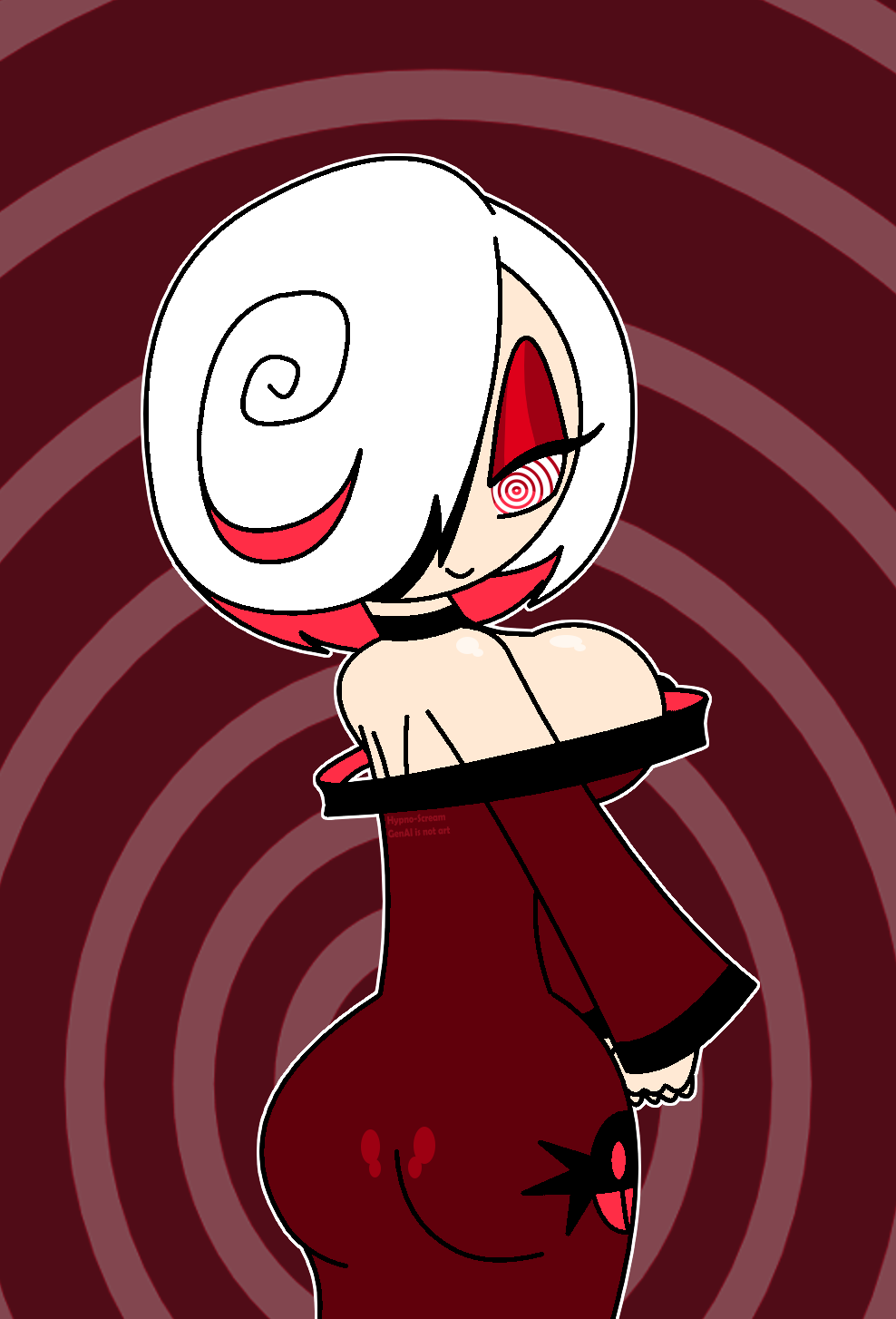 aged_up alternate_costume bare_shoulders choker dress eyelashes eyeshadow female_only femsub hair_covering_one_eye happy_trance hypnoscream large_ass large_breasts looking_at_viewer looking_back multicolored_hair pov_dom red_background red_eyes ring_background ring_eyes sage_(sonic_frontiers) seductive_smile shiny_skin sideboob simple_background smile solo sonic_the_hedgehog_(series)