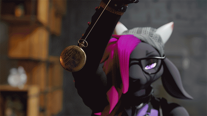3d animated animated_gif beanie blair_(unmakeyourself) femdom furry glasses goat_girl hair_covering_one_eye harness horns original pendulum pink_hair pocket_watch pov pov_sub purple_eyes transfem transgender_identity unmakeyourself wink
