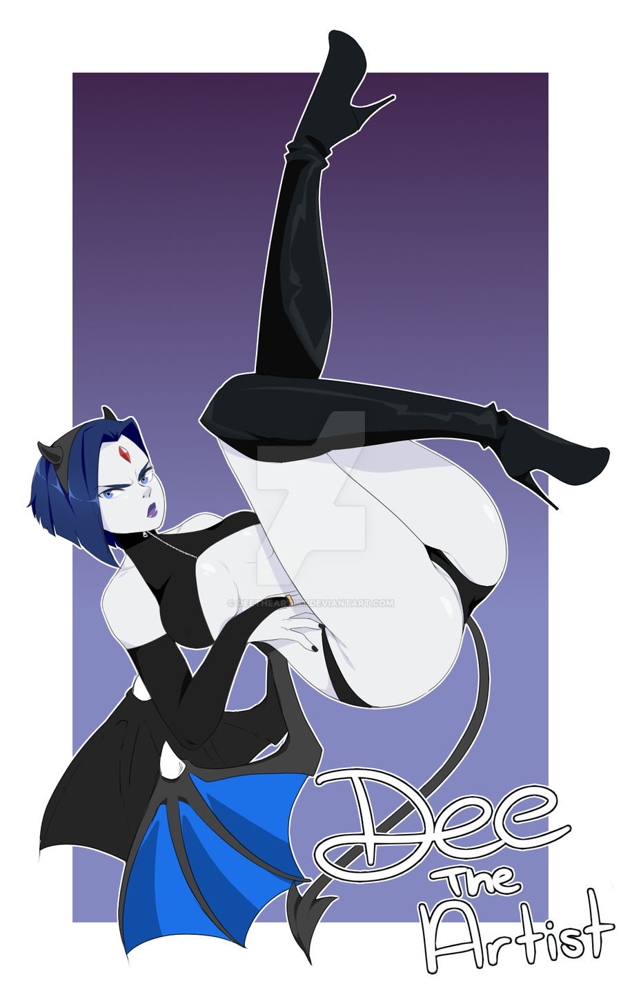 ass ass_focus blue_eyes blue_hair dc_comics deetheartist demon_girl female_only femsub grey_skin horns lipstick possession purple_lipstick raven short_hair signature succubus super_hero tail teen_titans thighhighs thighs wings