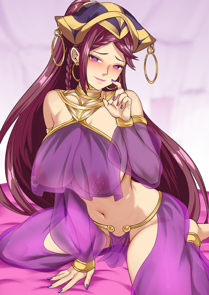 anklet arm_bands bare_legs barefoot blush bracelet braid breasts cameltoe collar earrings female_only femsub fire_emblem fire_emblem_heroes hadant hair_ornament harem_outfit loki_(fire_emblem_heroes) long_hair looking_at_viewer nail_polish navel nintendo nipple_piercing nipples purple_eyes pussy red_hair see-through smile solo very_long_hair