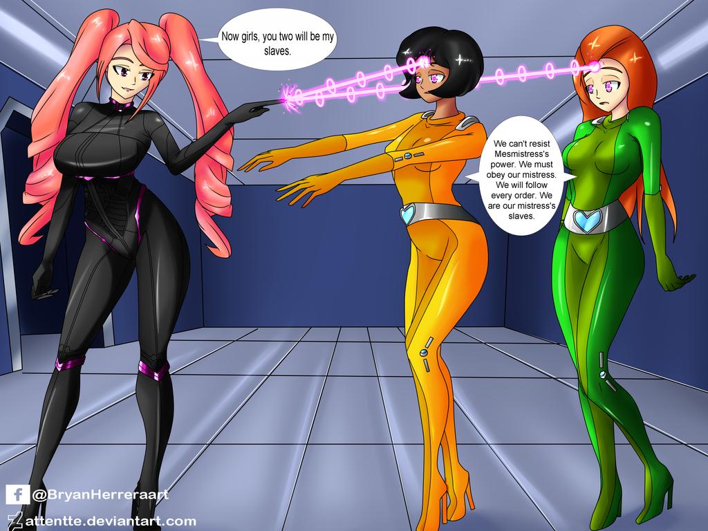 alex attentte bodysuit female_only femdom femsub high_heels latex legs mesmistress_(ming) multiple_subs pink_hair sam super_hero text totally_spies twintails