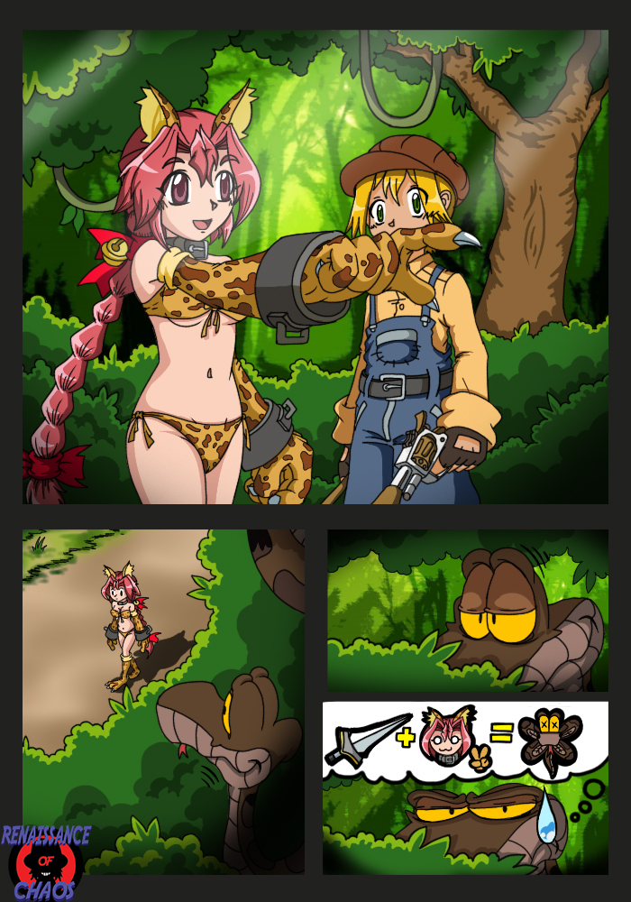 bikini braid breasts cat_girl collar color comic dark_cloud dark_cloud_2 fake_animal_ears gun kaa large_breasts long_hair max_(dark_cloud) monica_raybrandt ponytail renaissanceofchaos signature snake sword the_jungle_book thought_bubble