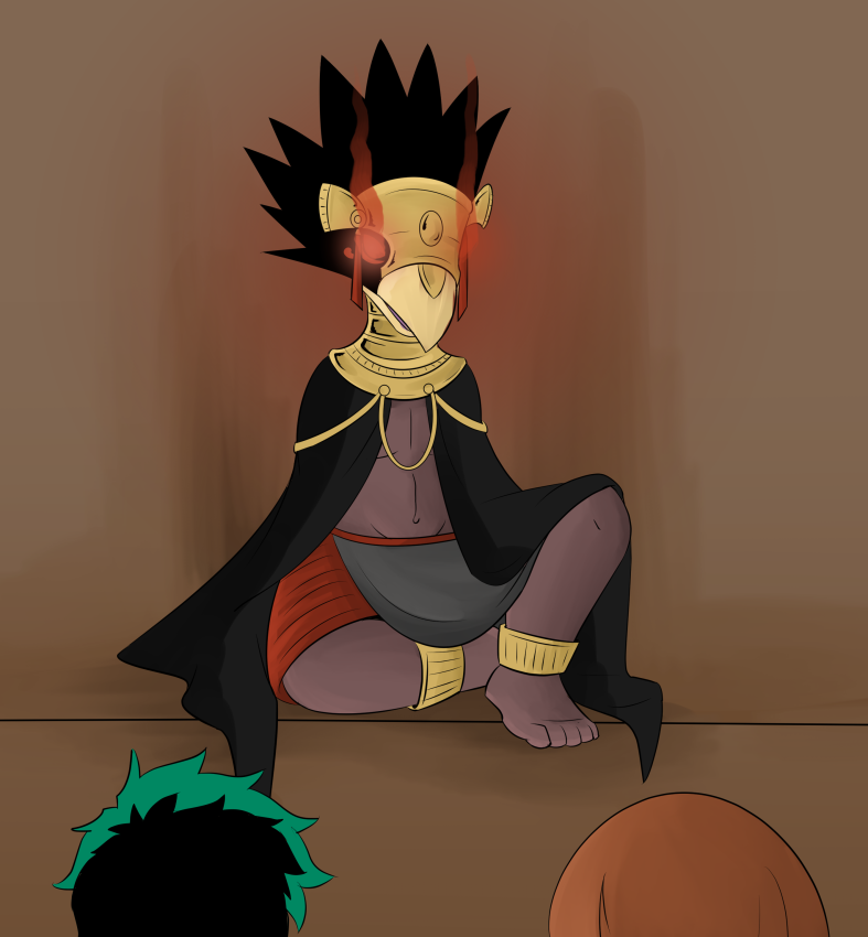 alternate_costume anklet barefoot dark_skin egyptian fumikage_tokoyami glowing glowing_eyes izuku_midoriya maledom mr.h my_hero_academia necklace ochaco_uraraka red_eyes sitting tagme