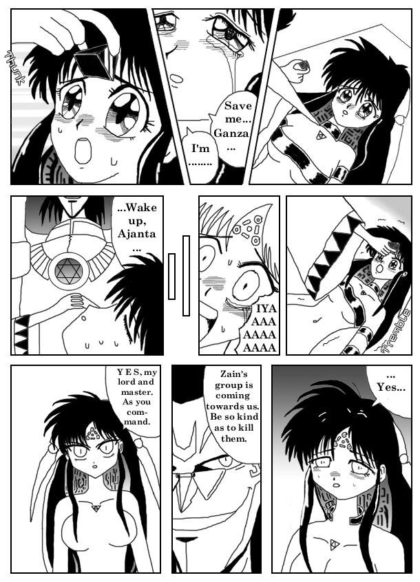 ajanta begging blush border breasts bugmenotencore_(translator) closed_eyes comic corruption dazed dialogue empty_eyes english_text evil_smile femsub greyscale hair_ornament hard_translated hypnotic_accessory maledom monochrome morimoto on_back open_mouth restrained right_to_left scared smile sweat tattoo tears text translated triggerrock zman