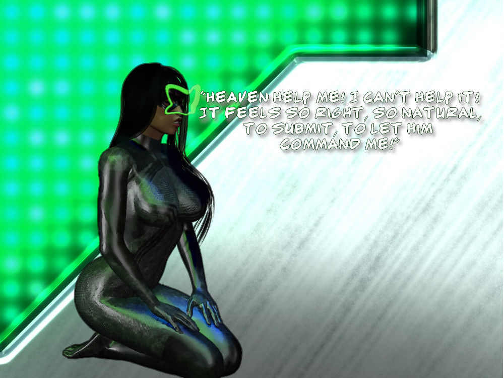 black_hair bodysuit control_indicator dialogue expressionless eye_mask female_only femsub kneeling long_hair open_mouth original sitting solo straight-cut_bangs super_hero text vice63
