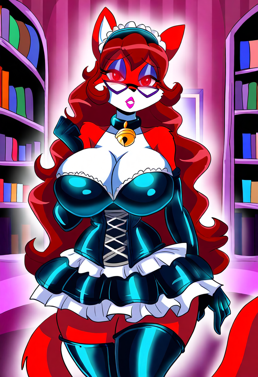 ai_art aura bell_collar cat_girl furry glasses glowing_eyes maid maid_headdress novelai_(ai) red_eyes red_hair toni-technaclaw toni_technaclaw