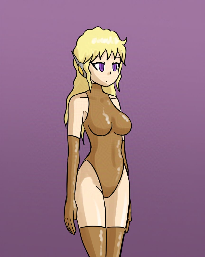 alternate_costume bare_shoulders blonde_hair breasts clothed ellen_(nobody-kadaj) empty_eyes expressionless fembot femsub gloves leotard mythkaz opera_gloves original purple_background purple_eyes simple_background solo standing thighhighs thighs very_long_hair