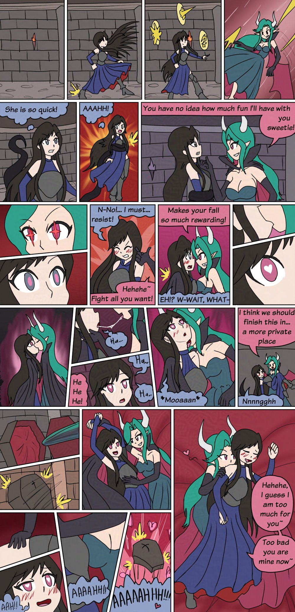 arms_above_head bare_shoulders before_and_after black_hair blush breast_press castlevania cleavage clothed coffin collarbone comic demon_girl dialogue drool elf_ears english_text eye_color_change female_only femdom femsub green_hair grey_eyes happy_trance heart heart_eyes horns hypnotic_eyes hypnotic_kiss instant_loss licking long_hair lying multiple_girls mythkaz open_mouth original pink_eyes red_eyes restrained shanoa speech_bubble spit_trail standing succubus tagme tentacles text thought_bubble very_long_hair