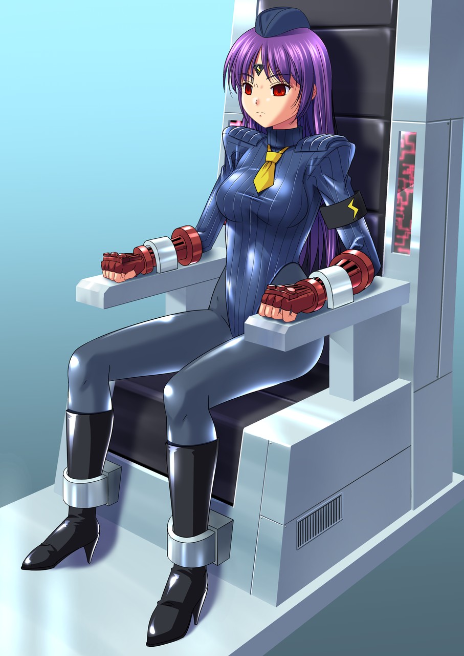 arm_bands athena_asamiya blue_background boots bracers capcom chair cosplay expressionless female_only femsub fingerless_gloves gloves gradient_background hat high_heels ji_yuuyuu king_of_fighters leotard microchip pantyhose purple_hair red_eyes restrained shadaloo_dolls shoulder_pads simple_background sitting solo street_fighter tech_control tie