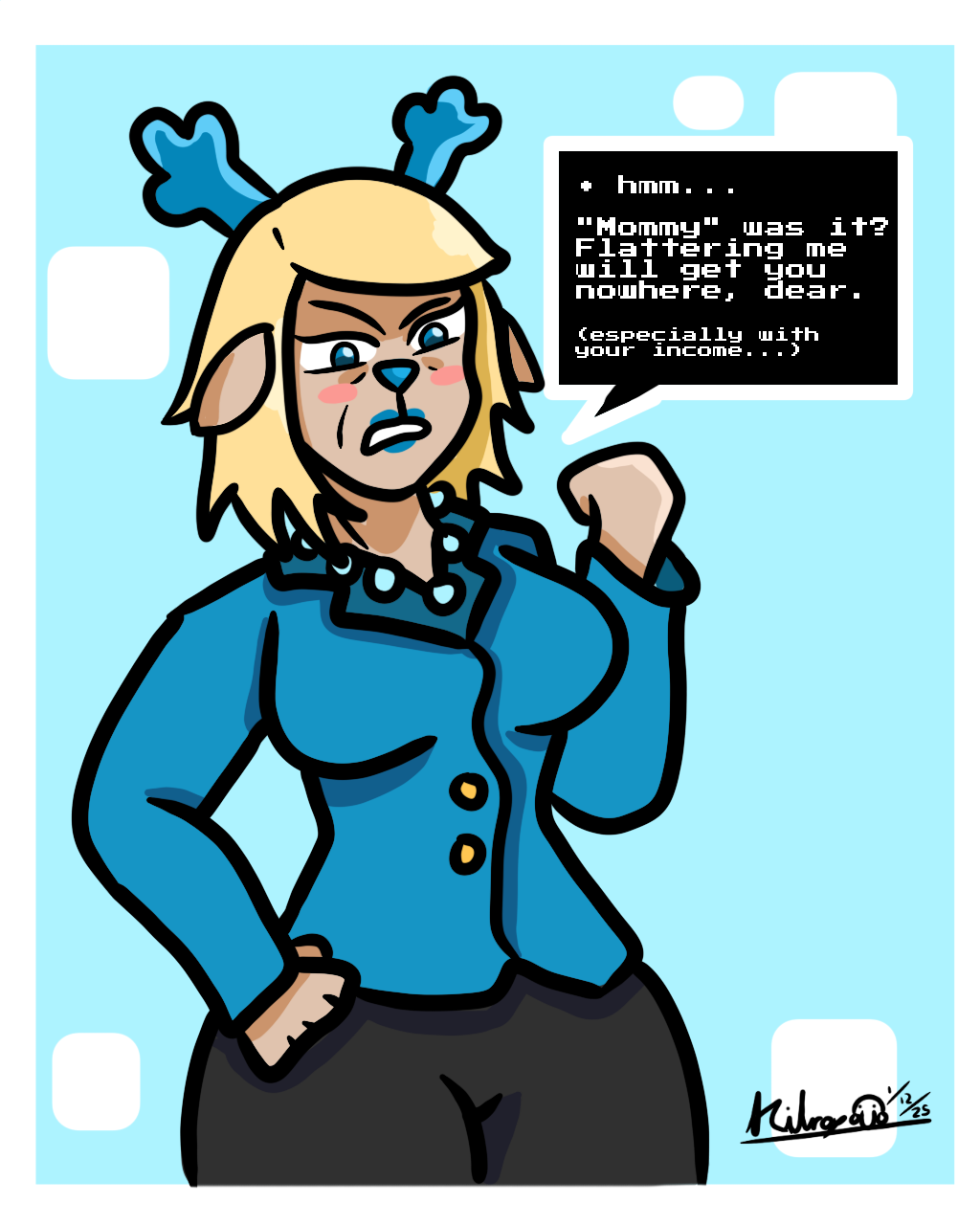 blonde_hair blue_eyes blue_lipstick blush carol_holiday deltarune dialogue furry horns kilroylucy18 large_breasts milf reindeer_girl simple_background smug suit