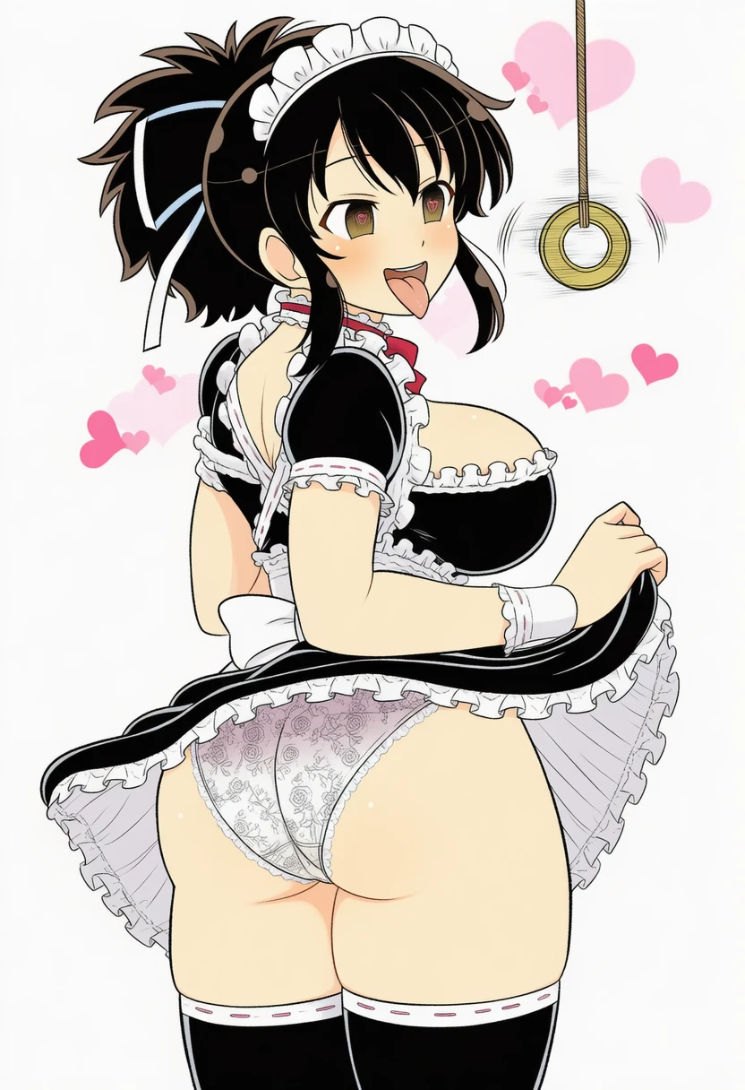 ai_art apron ass asuka_(senran_kagura) blush breasts brown_hair choker coin empty_eyes femsub frills hair_ribbon happy_trance heart heart_eyes large_ass large_breasts maid maid_headdress open_mouth panties pendulum ponytail senran_kagura simple_background skirt skirt_lift thick_thighs thighhighs thighs tongue tongue_out underwear valukore_(generator) white_background white_panties