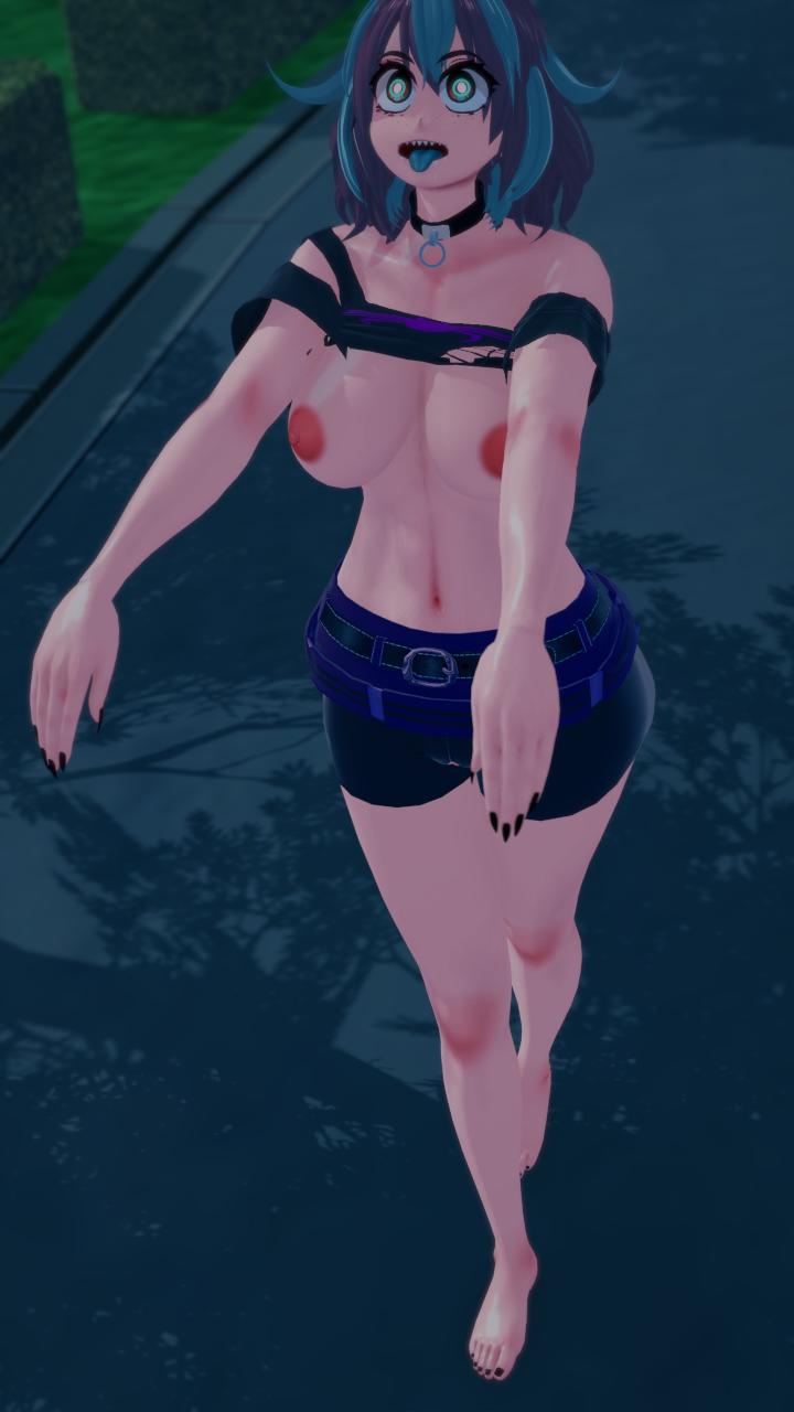 3d ahegao barefoot belt breasts cleavage clothed collar emikukis exposed_chest fangs femsub latina multicolored_hair nipples open_mouth shorts skirt tagme tongue tongue_out virtual_youtuber zombie_walk