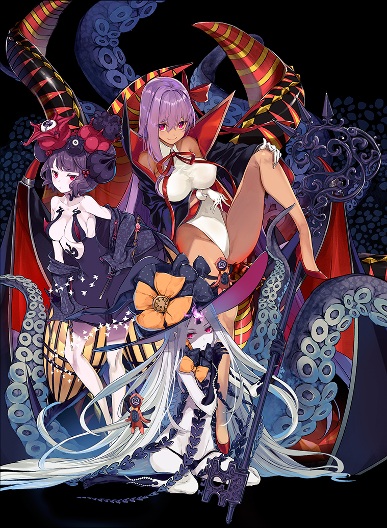 abigail_williams alternate_color_scheme alternate_costume alternate_hair_color bare_legs bare_shoulders bb_(fate/extra_ccc) breasts corruption dark_skin eldritch evil_smile expressionless fate/extra_ccc fate/grand_order fate_(series) femsub gloves glowing glowing_eyes hand_on_hip happy_trance hat hokusai_katsushika holding_breasts kneeling large_breasts legs leotard long_hair looking_at_viewer midriff multiple_subs navel nyarlathotep possession purple_hair red_eyes short_hair sitting smile standing swimsuit tentacles white_skin yog-sothoth yuunagi