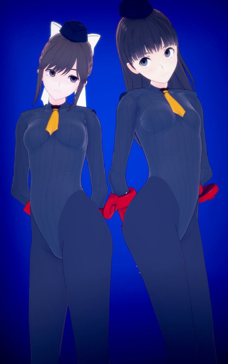 3d arms_behind_back bangs black_eyes black_hair blue_background blue_eyes bow bow_tie breasts capcom character_request dollsshockerbad empty_eyes expressionless female_only femsub gloves hat koikatsu! leotard multiple_girls multiple_subs original pantyhose ponytail shadaloo_dolls shoulder_pads simple_background standing straight-cut_bangs street_fighter