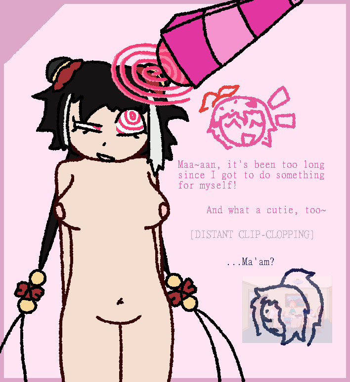 bare_legs bare_shoulders black_hair bottomless droolywhirlpool femdom femsub hair_buns hair_ornament jia_xichun_(limbus_company) limbus_company long_hair nipples nude open_mouth original pink_background pink_eyes ponytail resisting ring_eyes simple_background text topless twintails