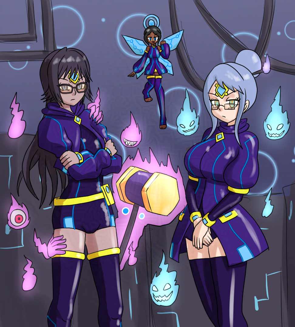 alexandra_(secretplayer) alternate_costume aura black_eyes black_hair blue_eyes blue_hair breasts corruption crossed_arms dark_skin evil_smile expressionless facial_markings fairy femdom femsub flame floating glasses glowing glowing_eyes hammer large_breasts long_hair looking_at_viewer mythkaz orange_eyes orb original phantom_hand red_eyes remiry_(mannybot-01) ring_eyes short_hair smile thighhighs thighs vanessa_(daehypeels) very_long_hair weapon white_eyes wings