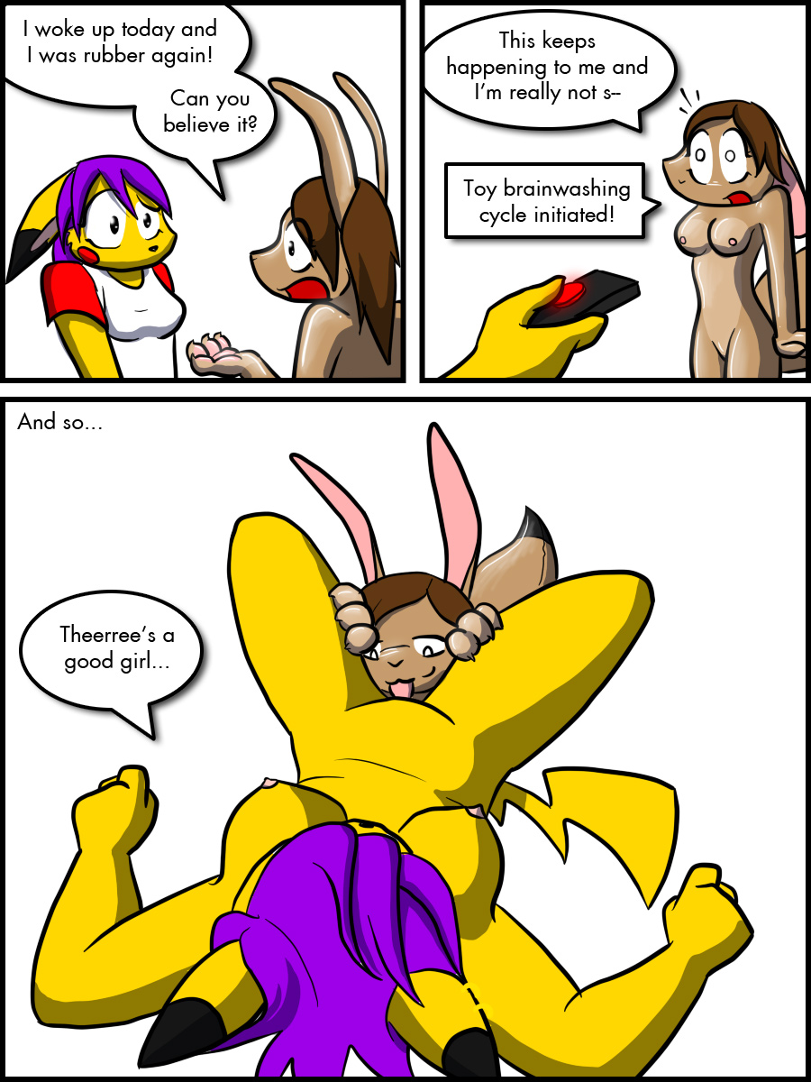 bottomless breasts brown_hair bunny_girl comic cunnilingus empty_eyes female_only femdom femsub furry happy_trance immelmann immelmann_(immelmann) latex nintendo nude oral original pikachu pokemon purple_hair remote_control shiny_skin spread_legs text tongue tongue_out topless yuri