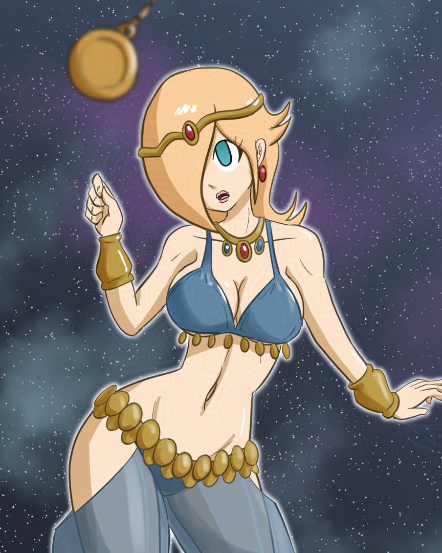 blonde_hair blue_eyes bracelet empty_eyes female_only femsub harem_outfit headband jewelry long_hair mythkaz night nintendo open_mouth pendulum princess_rosalina see-through super_mario_bros. super_mario_galaxy