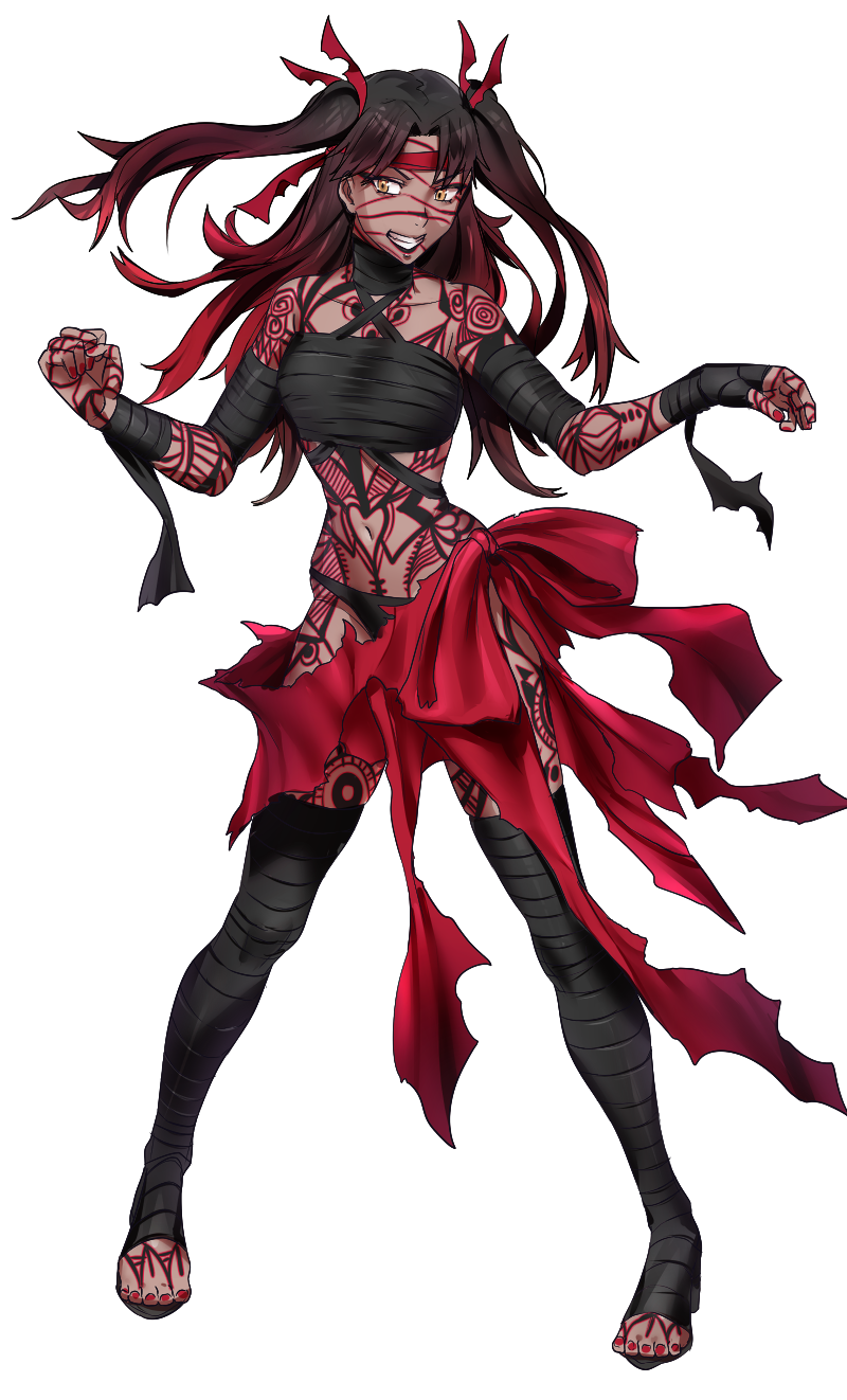 alternate_color_scheme alternate_costume alternate_hair_color angra_mainyu bandage bandana bare_shoulders black_hair body_markings brown_hair choker corruption fate/stay_night fate_(series) femsub hair_ribbon happy_trance heart heart_tattoo long_hair midriff multicolored_hair nail_polish navel possession red_hair rin_tohsaka ryai sandals smile tattoo thighhighs toenail_polish transparent_background twintails yellow_eyes