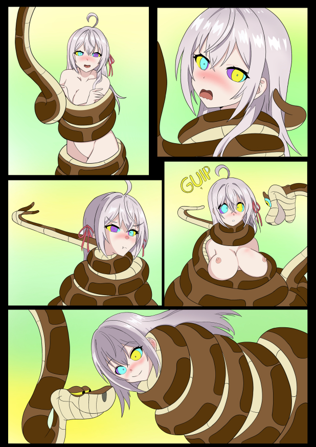 ahoge alisa_mikhailovna_kujou alya_sometimes_hides_her_feelings_in_russian asphyxiation bare_breasts black_eyes blush breasts cleavage coils crossed_arms crossover disney edicson english_text femsub grey_hair happy_trance hypnotic_eyes kaa kaa_eyes large_breasts long_hair looking_at_viewer maledom nude open_mouth resisting restrained smile story text the_jungle_book yellow_sclera