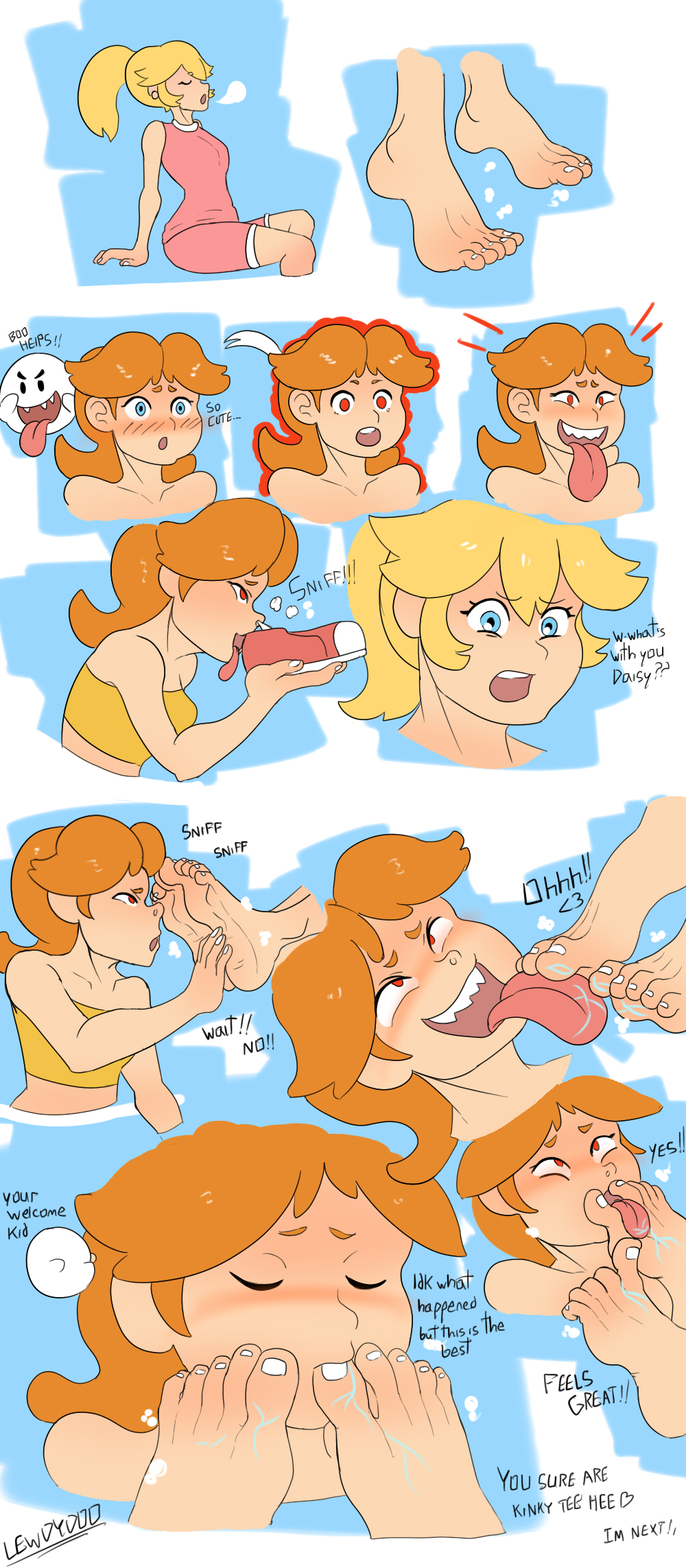 barefoot blonde_hair boo_(mario) feet female_only femsub foot_licking foot_worship ghost glowing glowing_eyes lewdydoo licking multiple_girls nintendo possession princess princess_daisy princess_peach super_mario_bros.