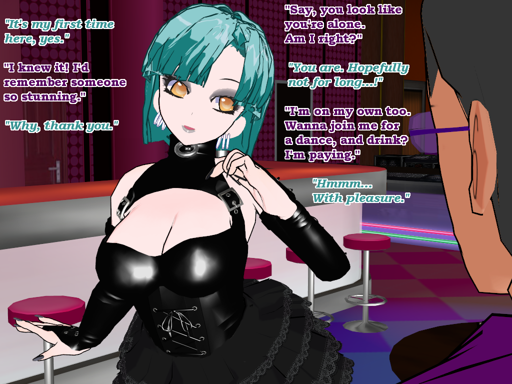 3d cleavage corset cyan_hair earrings fingerless_gloves flamekin goth large_breasts leather makeup piercing short_hair skirt text transgender yellow_eyes