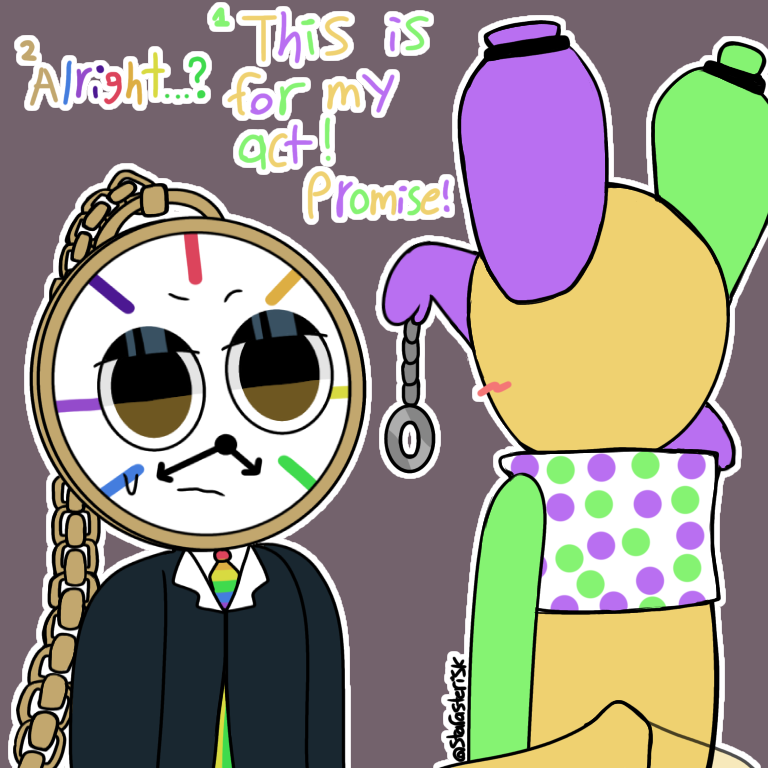 balloon blush clock confused dandy&#039;s_world dyle_(dandy&#039;s_world) looey_(dandy&#039;s_world) pendulum standing starasterisk tail text yellow_eyes yellow_skin