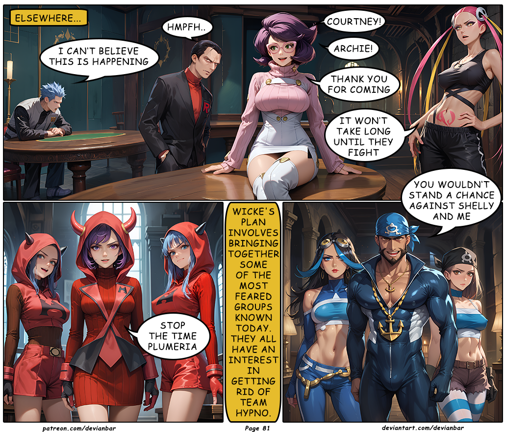 admin_courtney admin_shelly ai_art archie_(pokemon) black_hair blue_hair cyrus_(pokemon) dark_skin devianbar dialogue giovanni glasses large_breasts long_hair maxie_(pokemon) nintendo pink_hair plumeria_(pokemon) pokemon purple_hair short_hair team_aqua team_galactic team_hypno team_magma team_magma_grunt team_rocket team_skull text wicke