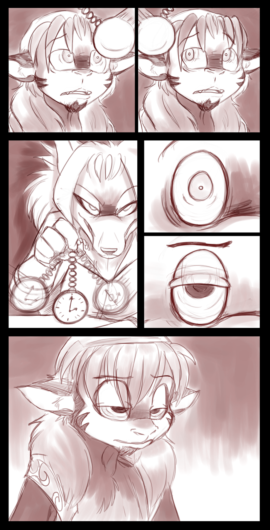 comic expressionless femdom fox_girl furry greyscale hat kayla long_hair malesub monkey_boy monochrome original pendulum pocket_watch smile